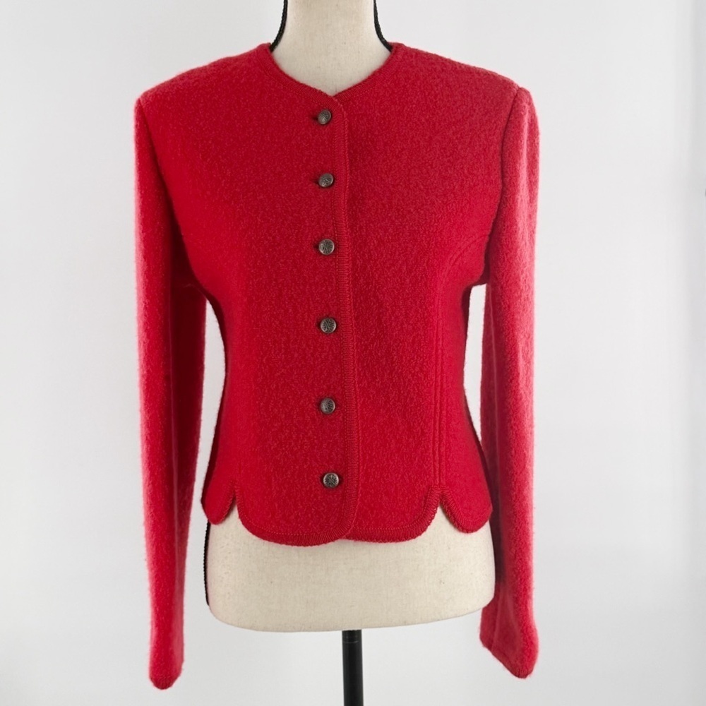 Vintage Fenwick Red 100% Wool Jacket Blazer Size 4 Scalloped Hem Button Front